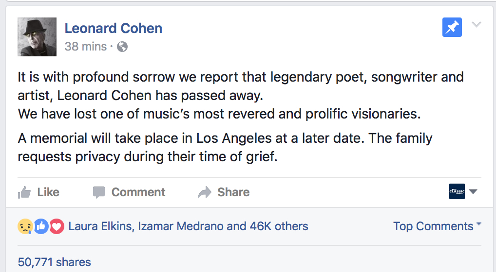 这一声明是通过科恩的Facebook页面宣布的